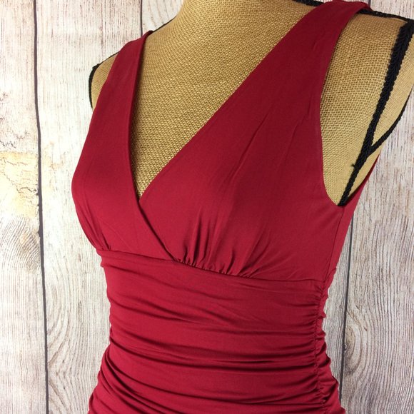BCBGMaxAzria Red V-Neck Ruched Stretch Dress Sz M - Picture 4 of 7